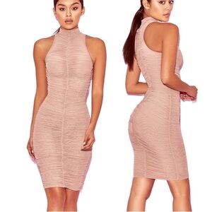 House Of CB Perza Ruched Bodycon Dress Sleeveless High Neck Stretchy Nude Size M